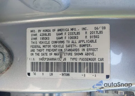 2009 Honda Accord 2.4 Lx-P z USA, uszkodzony, nr VIN 1HGCP26489A132026